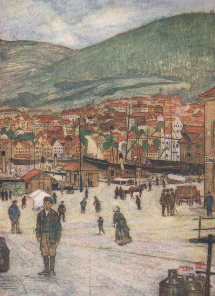 View of Bergen, Norway by Nico Jungman 1905 old antique vintage print picture